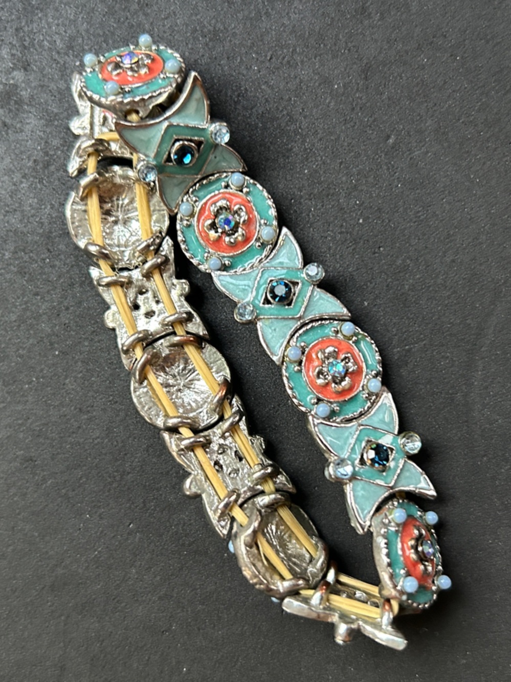 Art Deco styleTurquoise and Coral Enamel Link Bracelet - Picture 2 of 3